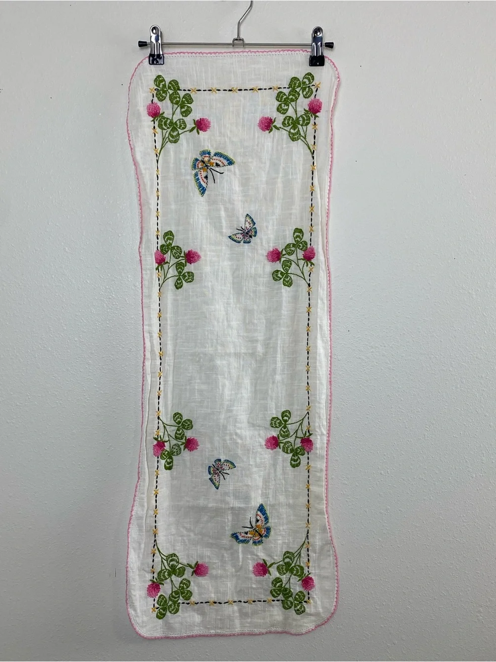 Vintage Embroidered Table Runner with Butterflies & Flowers
